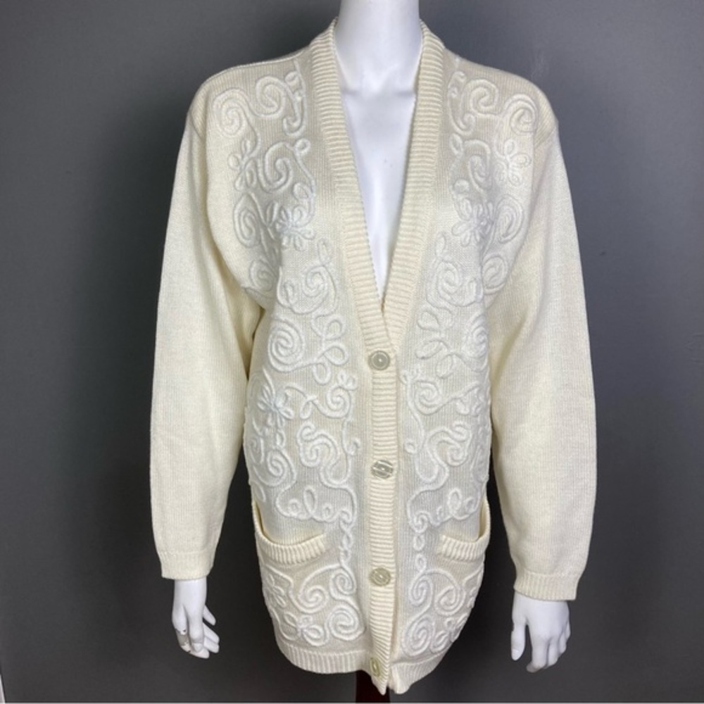 Vintage Outlander Sweater‎ Cardigan large long line slimming applique mid-thigh